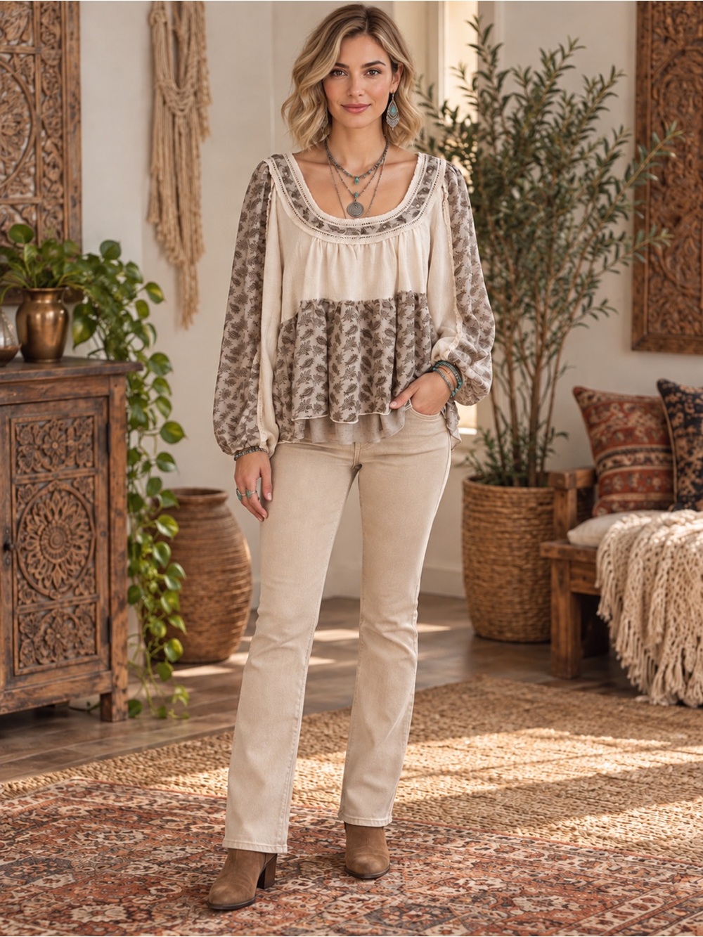 H147 NWT POL L ptp22 Cream Tunic Top with Brown Floral Trim